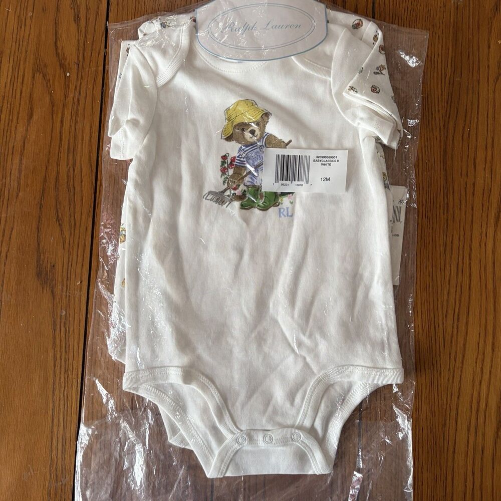 Brand NEW w/ Tags RALPH LAUREN Baby Boy Set of 2 White Polo Bear Bodysuit 12M